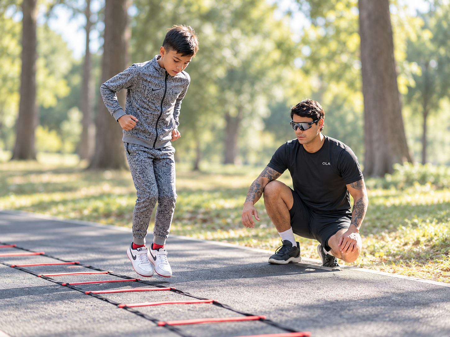 Coach Sergio acompañando a un niño durante un ejercicio de agilidad al aire libre